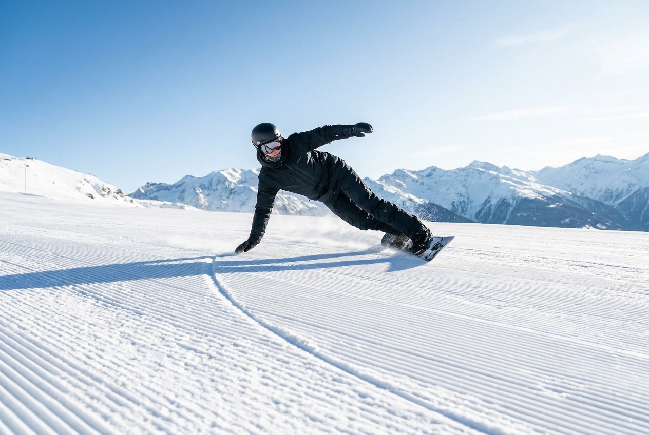 Snowboarder locked into a hard carve on a blue run, edge engaged