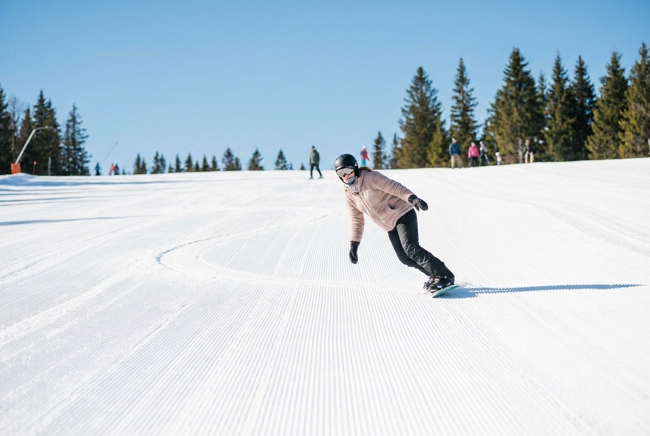 Beginner snowboarder linking their first turns on a green groomed slope