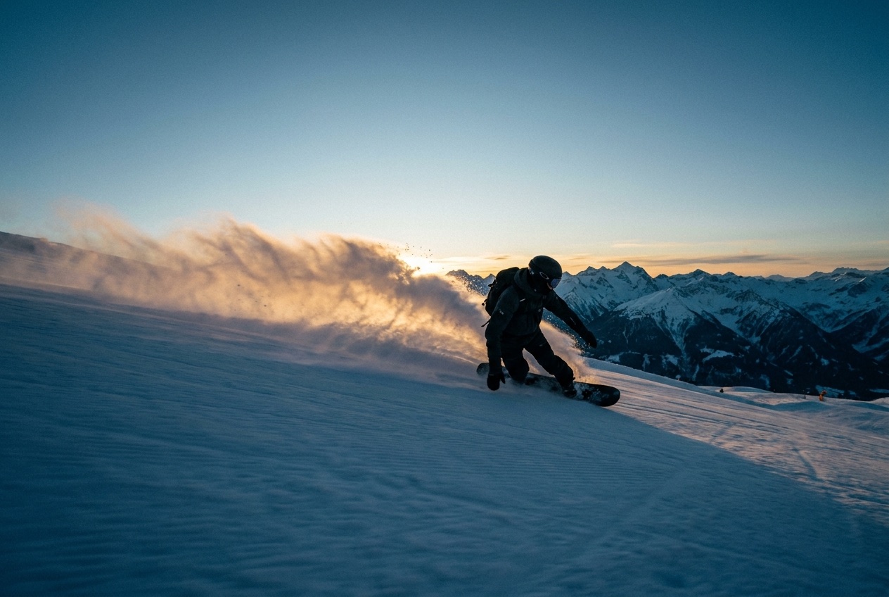 Snowboarder carving a clean turn in golden-hour light with spray fanning off the edge